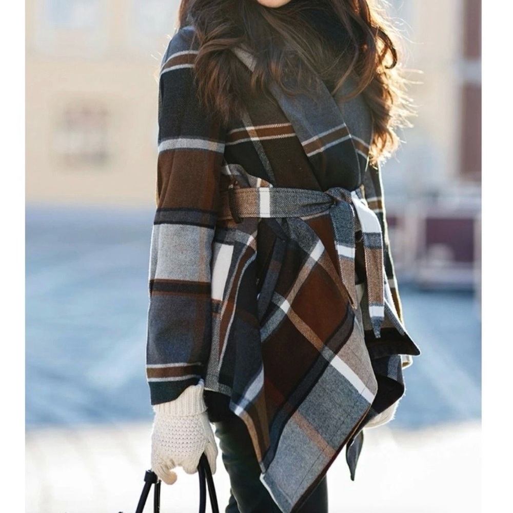 Chicwish Prairie Check Rabato Plaid Wool Blend Belted Coat Brown S - Picture 3 of 7
